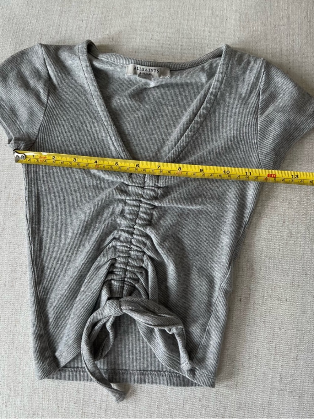 All Saints Ruched Tie-Front Ribbed V-Neck Top - Picture 3 of 6